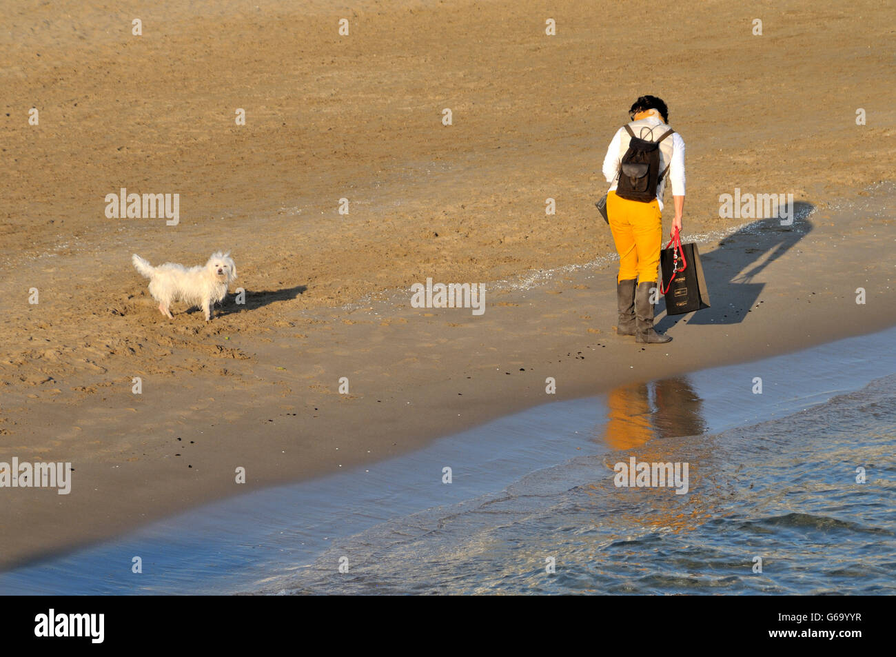 Donna e cane nella spiaggia di Sitges (Barcelona), Catalogna Foto Stock