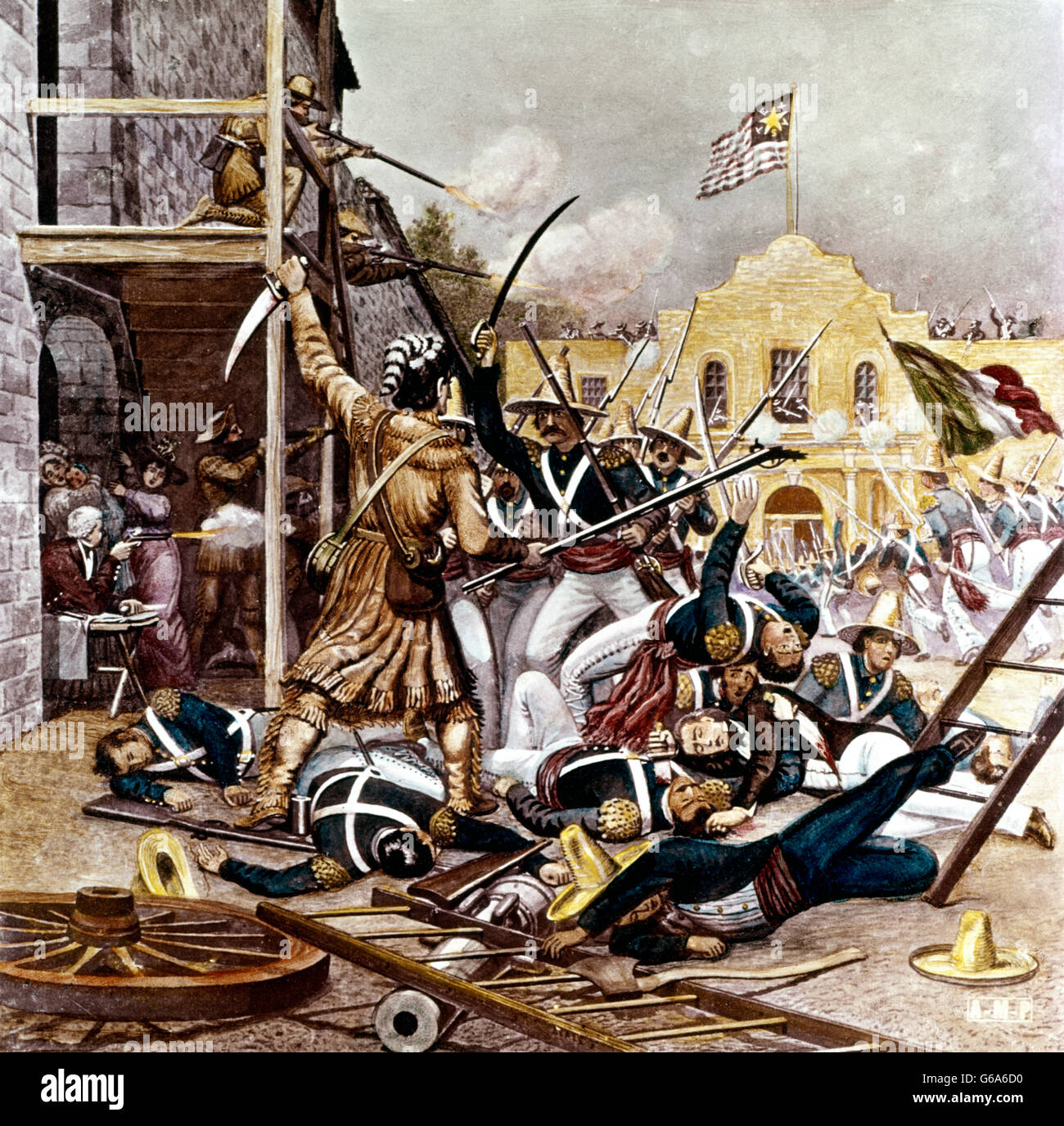 6 marzo 1836 Davy Crockett combattimenti alla Alamo guerra per l'indipendenza del Texas dal Messico illustrazione vetro antico lantern slide Foto Stock