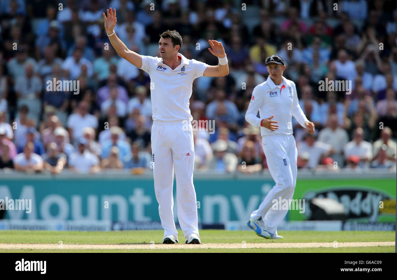 Cricket - terzo Investec Ashes Test - Day Two - Inghilterra / Australia - Old Trafford. James Anderson in Inghilterra fa appello invano, durante il secondo giorno della terza prova della partita Investec Ashes all'Old Trafford Cricket Ground di Manchester. Foto Stock