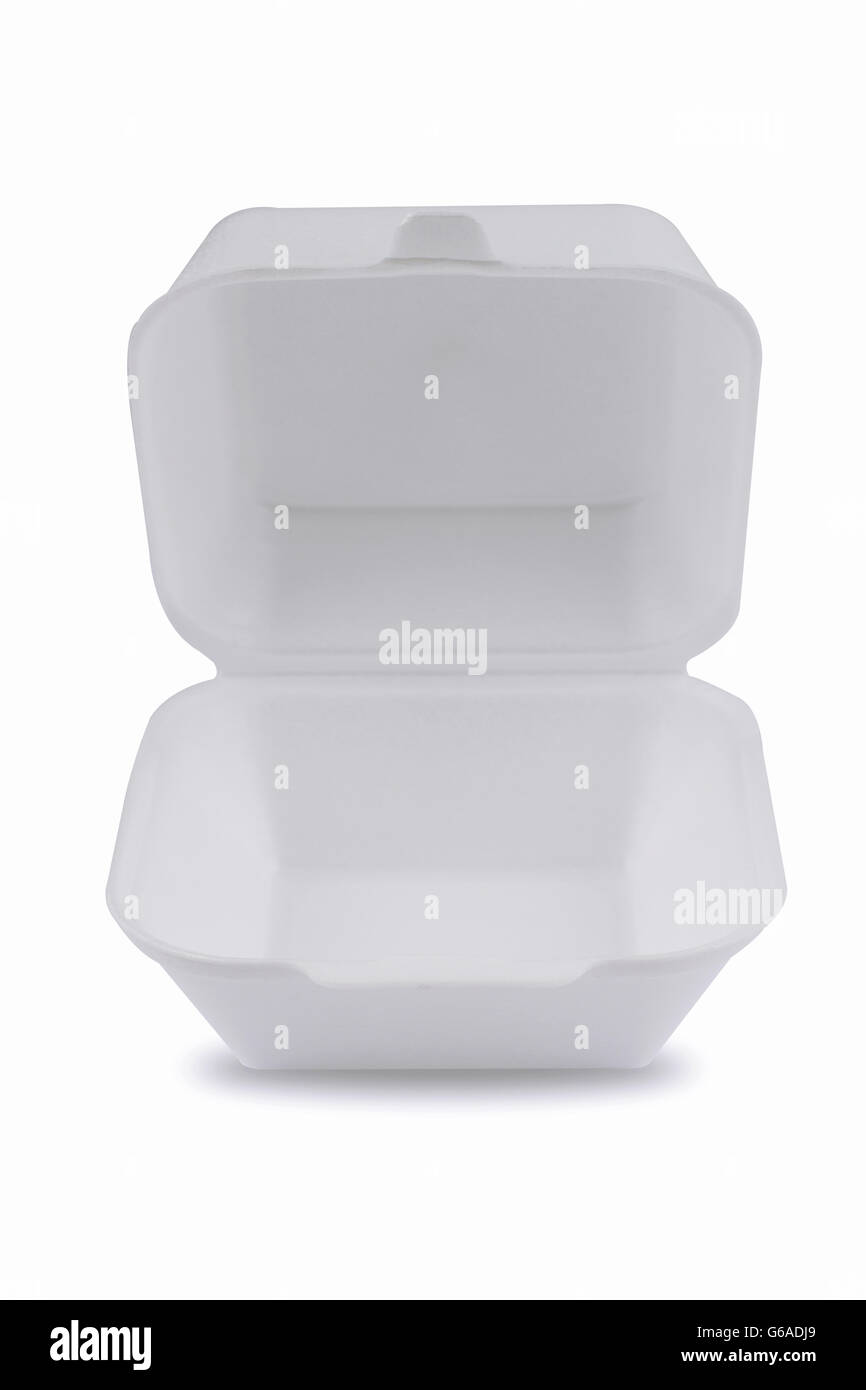 Orizzontale vista anteriore di un vuoto aperto pasto bianco vassoio di schiuma pack isolato Foto Stock