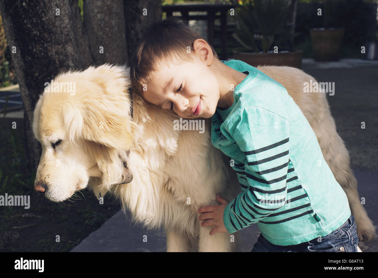 Ragazzo con il cane di famiglia Foto Stock