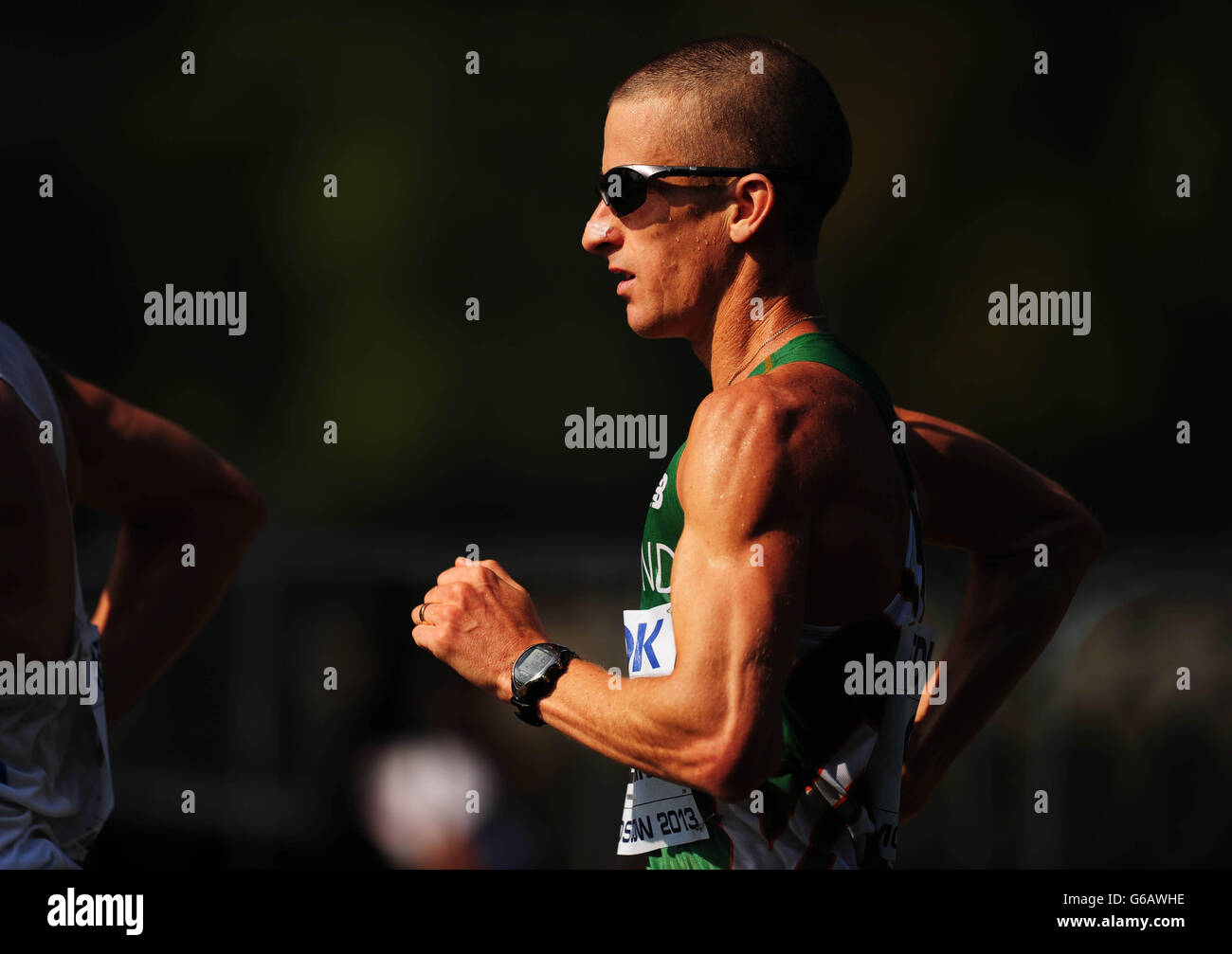 Robert Heffernan dell'Irlanda e l'eventuale vincitore in azione durante la 50km Race Walk maschile durante il quinto giorno dei Campionati mondiali di atletica leggera IAAF 2013 allo stadio Luzhniki di Mosca, Russia. Foto Stock