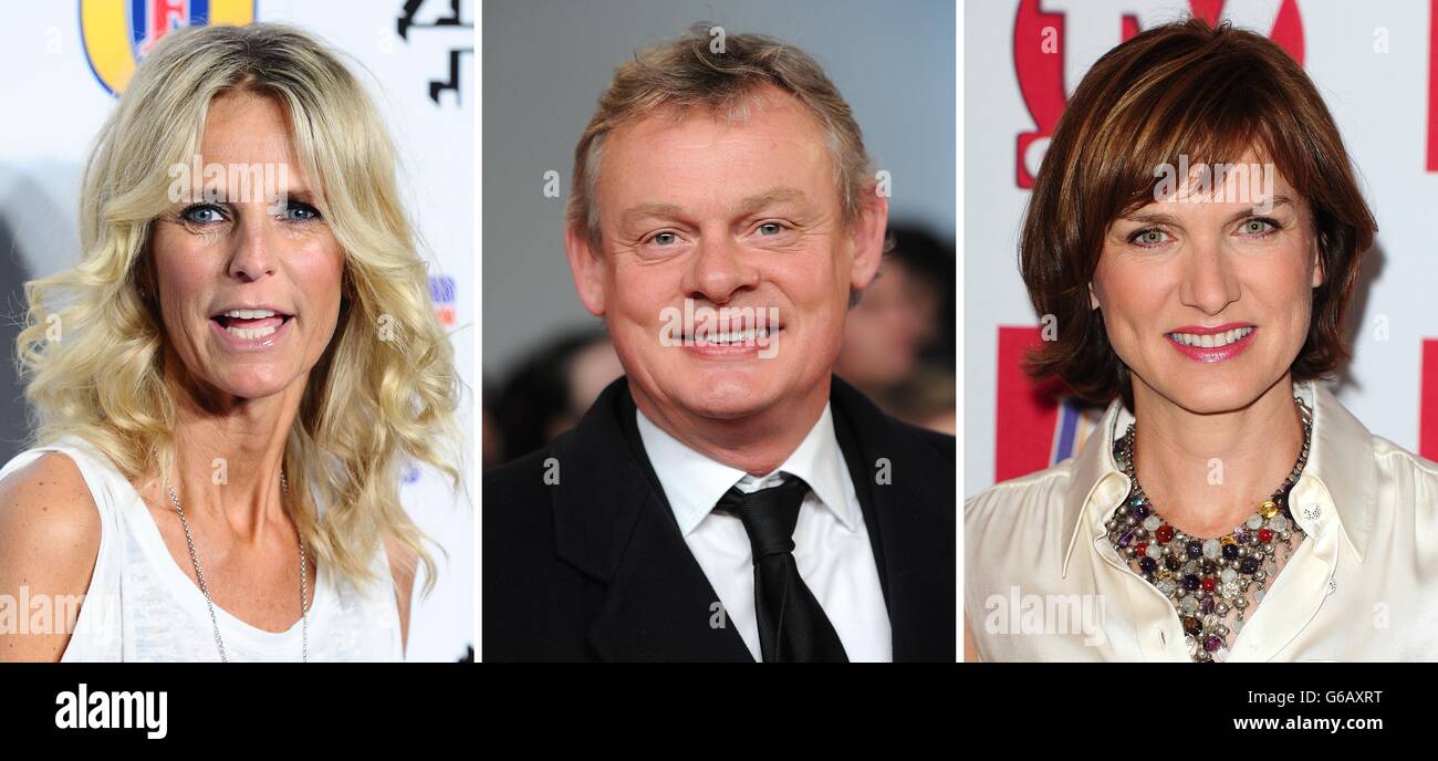 File foto di (da sinistra) Ulrika Jonsson, Martin Clunes e Fiona Bruce. Foto Stock