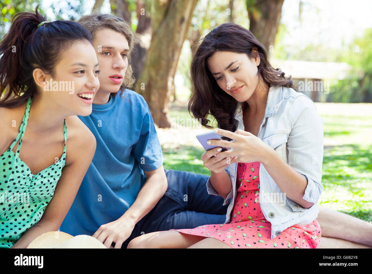 Donna che utilizza smartphone durante i momenti di relax con gli amici presso il parco Foto Stock