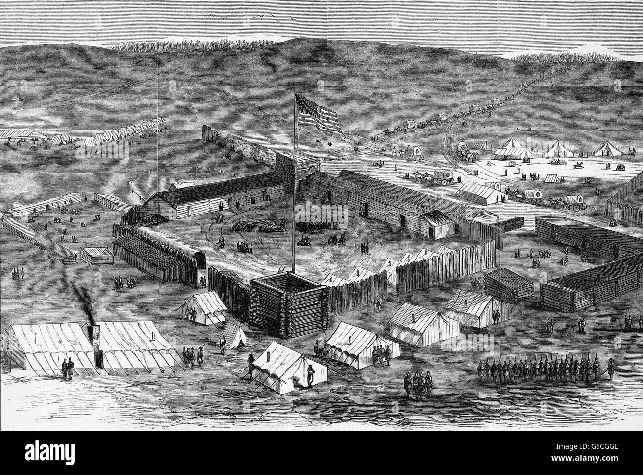 1860s INCISIONE DI FRONTIERA fortezza militare con STOCKADE IN LEGNO E SOLDATI CASA IN TENDE WESTERN FRONTIER USA Foto Stock