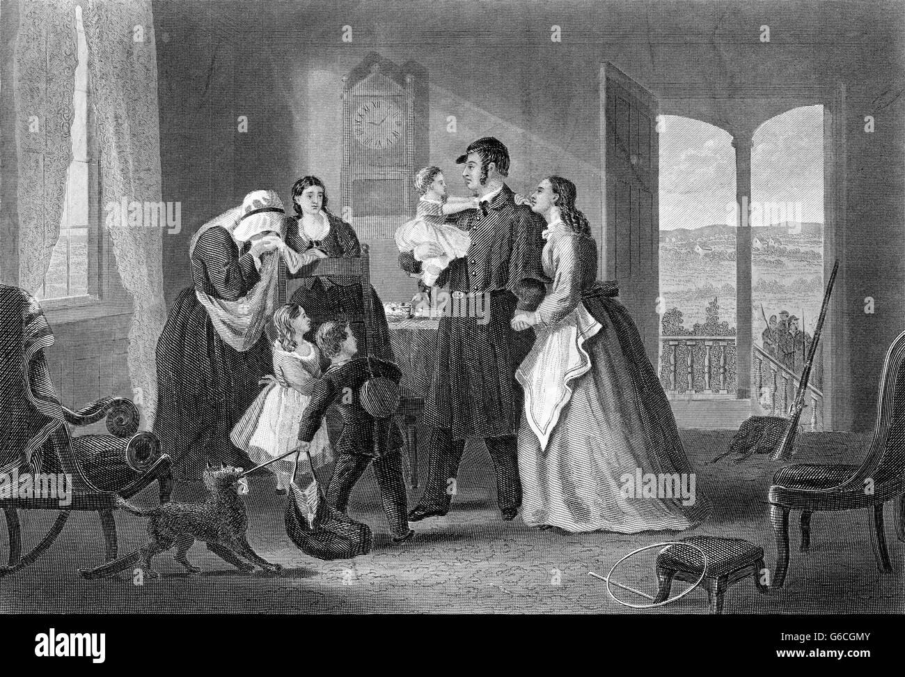 1860s' incisione di un soldato unione lasciando la sua famiglia lacrimoso come egli parta PER LA GUERRA CIVILE Foto Stock