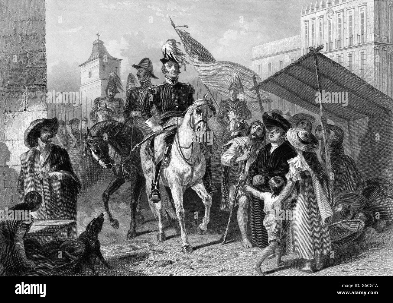 1840s 1847 American generale Winfield Scott a cavallo entrando in città del Messico come comandante governatore messicano-guerra americana Foto Stock