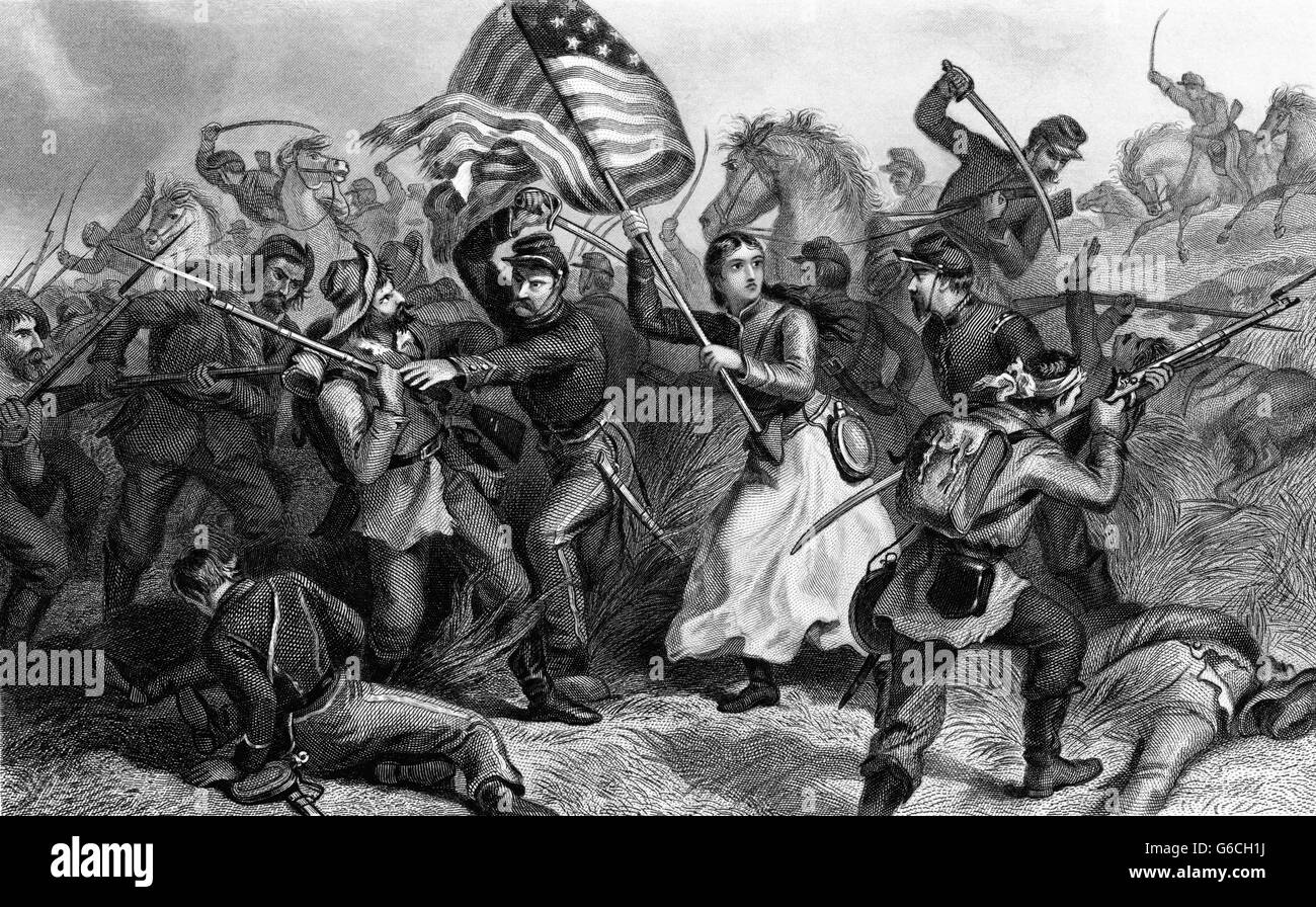 1860s una donna in battaglia durante la guerra civile nota come MICHIGAN BRIDGET qui portando una bandiera ERA LA MOGLIE DI UN SOLDATO Foto Stock