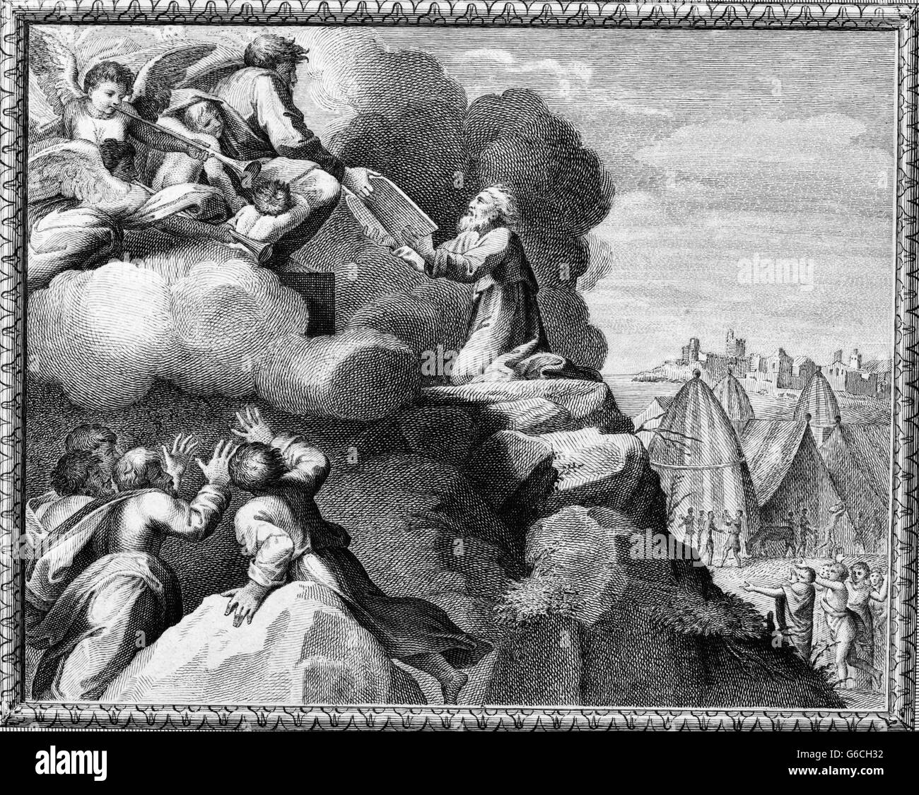 Incisione di Mosè riceve i dieci comandamenti di Dio sul monte Sinai ANTICO TESTAMENTO La BIBBIA Foto Stock