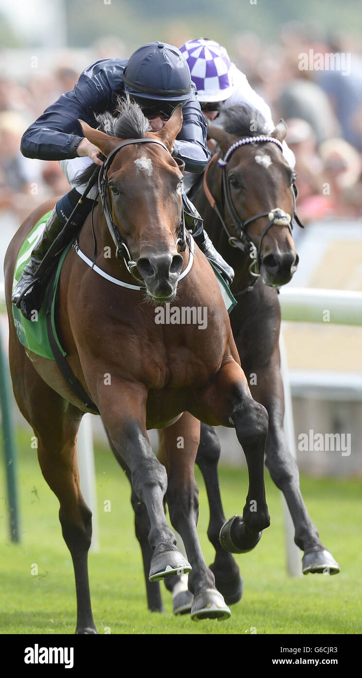 Dichiarazione di guerra indovinato da Joseph o'Brien (a sinistra) e Trading Leather indovinato da Kevin Manning per vincere la Juddmonte International Stakes durante il giorno uno del 2013 Yorkshire Ebor Festival a York Racecourse, York. Foto Stock