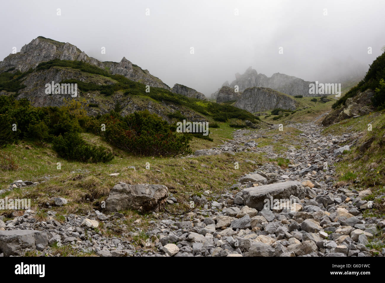 Pietre e rocce nella nebbia sul versante della montagna Ciemniak nei monti Tatra vicino a Zakopane in Polonia. Foto Stock