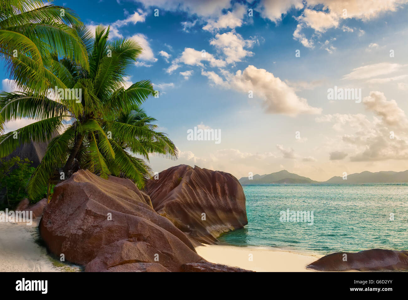 Anse Source d'argent sulla spiaggia di La Digue Island alle Seychelles Foto Stock