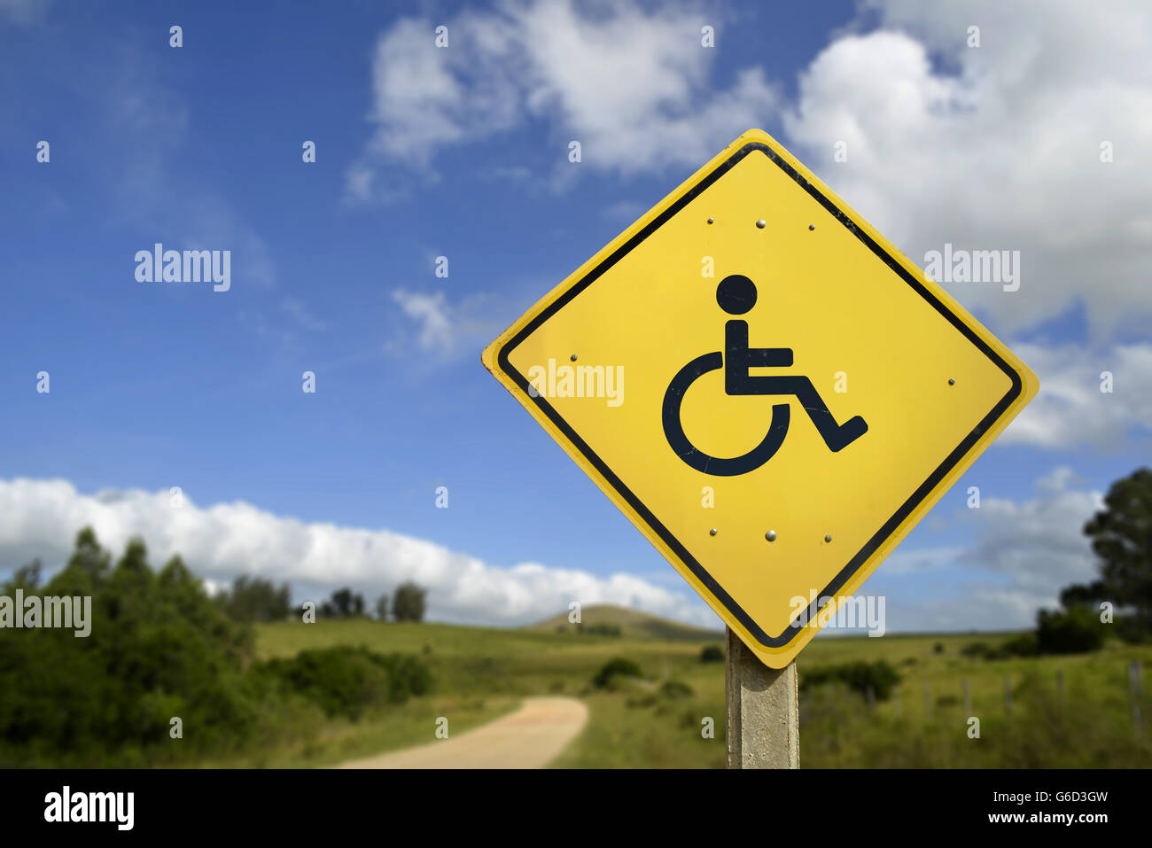 Facile accesso per tutte le persone e compreso il concetto di supporto. Cartello stradale con sedia a rotelle disabilità icona in ambiente rurale. Foto Stock