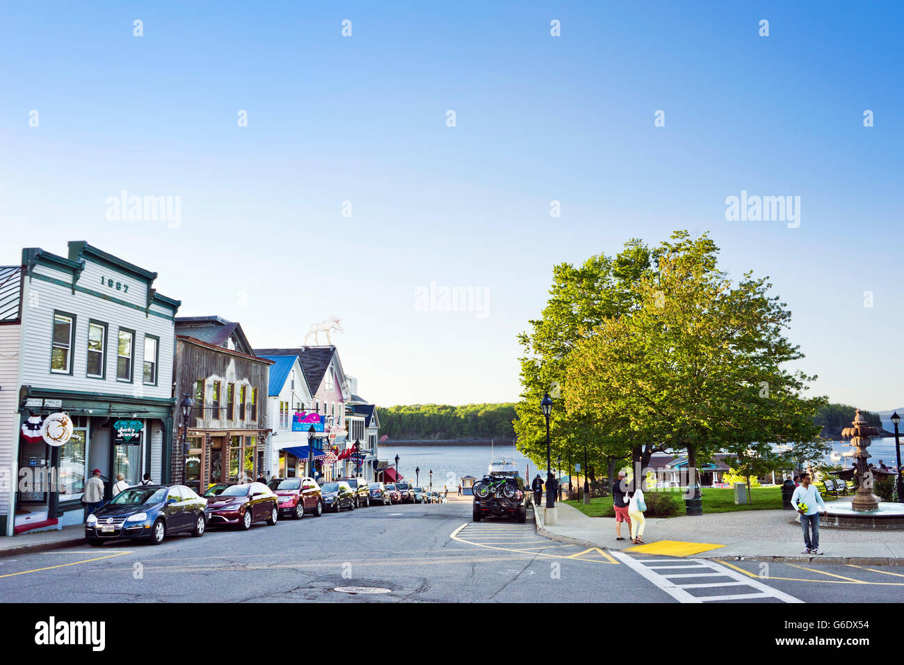 Strada principale e Agamont Park, Bar Harbor, Maine Foto Stock