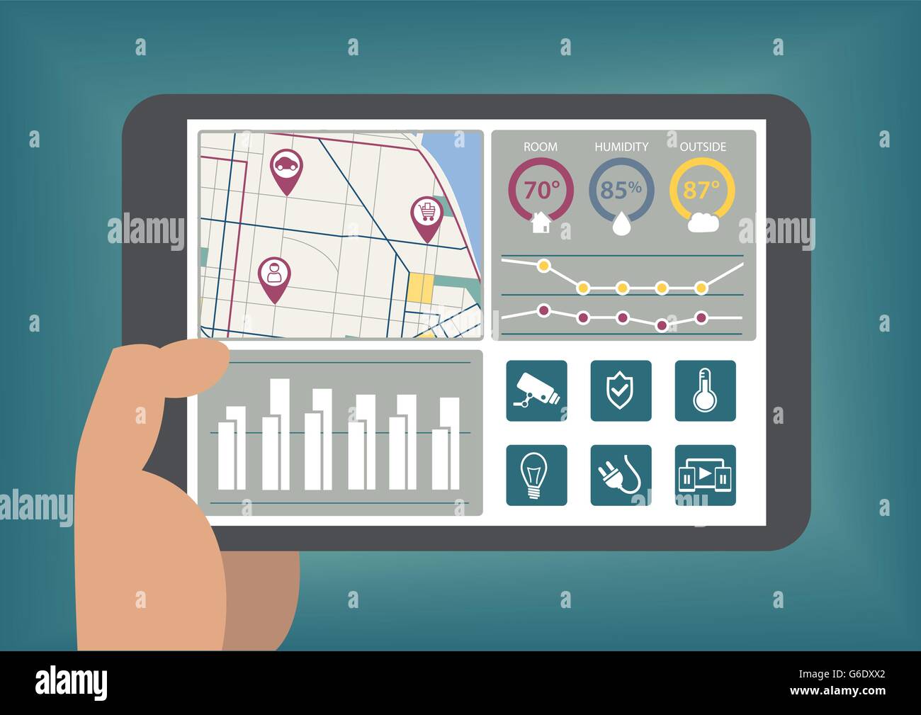 Mano azienda tablet con smart home automation dashboard come illustrazione vettoriale Illustrazione Vettoriale