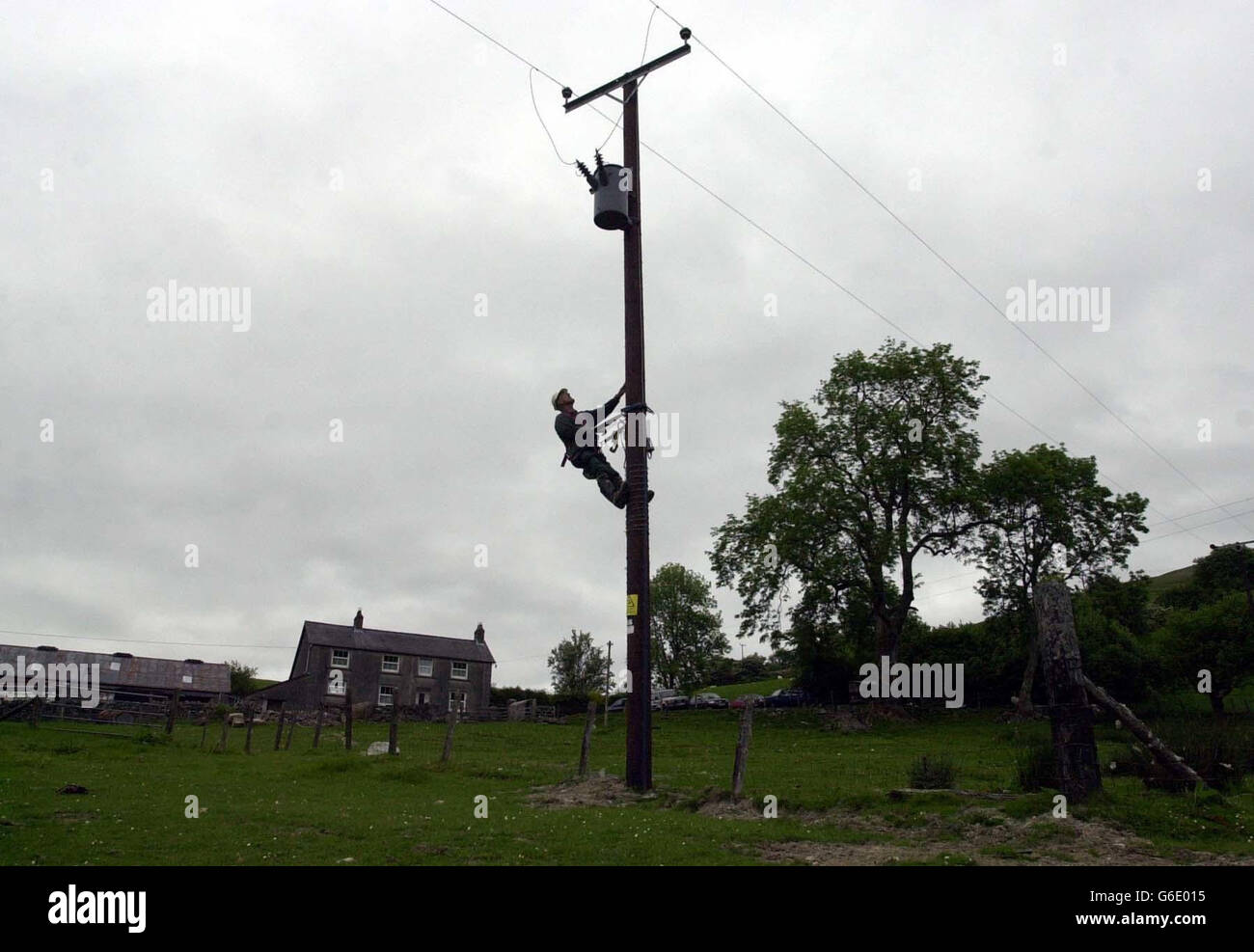 Delme Thomas che vive a Carmarthen fino il palo che collega l'alimentazione alle case a CWM Brefi. Il borgo emerse dall'età buia quando si è acceso alla rete di alimentazione elettrica. * la vita non sarà mai più la stessa per i residenti nella frazione isolata di CWM Brefi, nel Galles occidentale. Una serie di generatori diesel è stata l'unica fonte di energia per decenni e ora forniscono luce solo per poche ore al giorno. Ma dopo un investimento del 280,000 e una campagna di quattro anni tutte le 11 case e un ostello della gioventù si sono levate nel mondo moderno. Vedere PA storia SOCIALE Elettricità. PA photo : Barry Batchelor Foto Stock