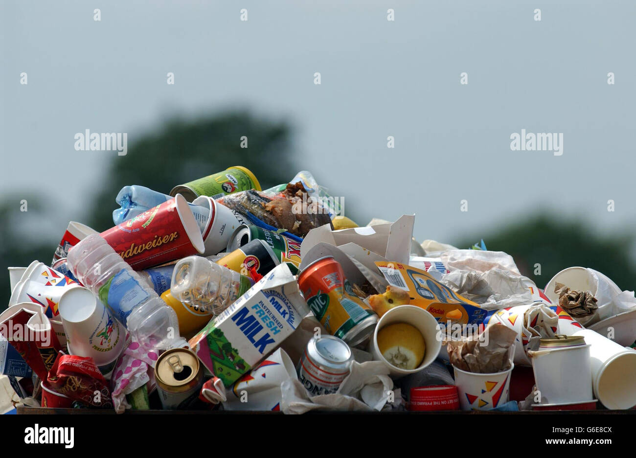 Rifiuti generati dalla folla di oltre 100,000 persone al Glastonbury Festival, Worthy Farm, Somerset. 06/03/04: Secondo una nuova indagine, i lavoratori ritengono che il governo debba introdurre "tasse di inasprimento" sui rifiuti domestici e sui fast food nel tentativo di aumentare le finanze. Un sondaggio condotto su 2,000 adulti ha dimostrato che il 55% sarebbe favorevole a tasse aggiuntive sui rifiuti domestici non biodegradabili, come sacchetti di plastica o pannolini monouso. 06/05/2004 il governo dovrebbe pubblicare oggi uno studio sugli impatti ambientali e sanitari della gestione dei rifiuti domestici. La ricerca, che si ritiene includa Foto Stock