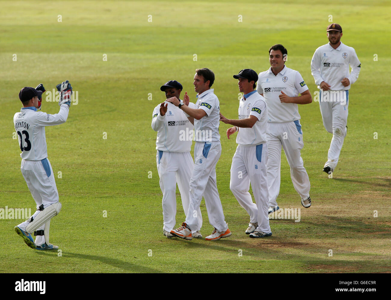 Il bowler del Derbyshire Tony Palladino festeggia il lancio del wicket di Durham, il battitore Mark Stoneman, uscito per il 30, durante la partita del campionato della contea di LV al County Ground, Derby. Foto Stock