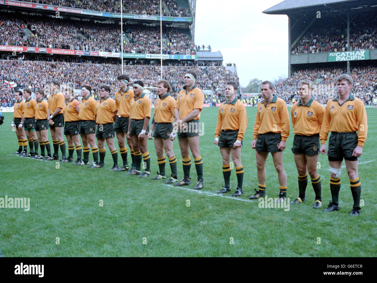 La squadra australiana di rugby Union si allinea prima della finale della Coppa del mondo di rugby 1991. Foto Stock