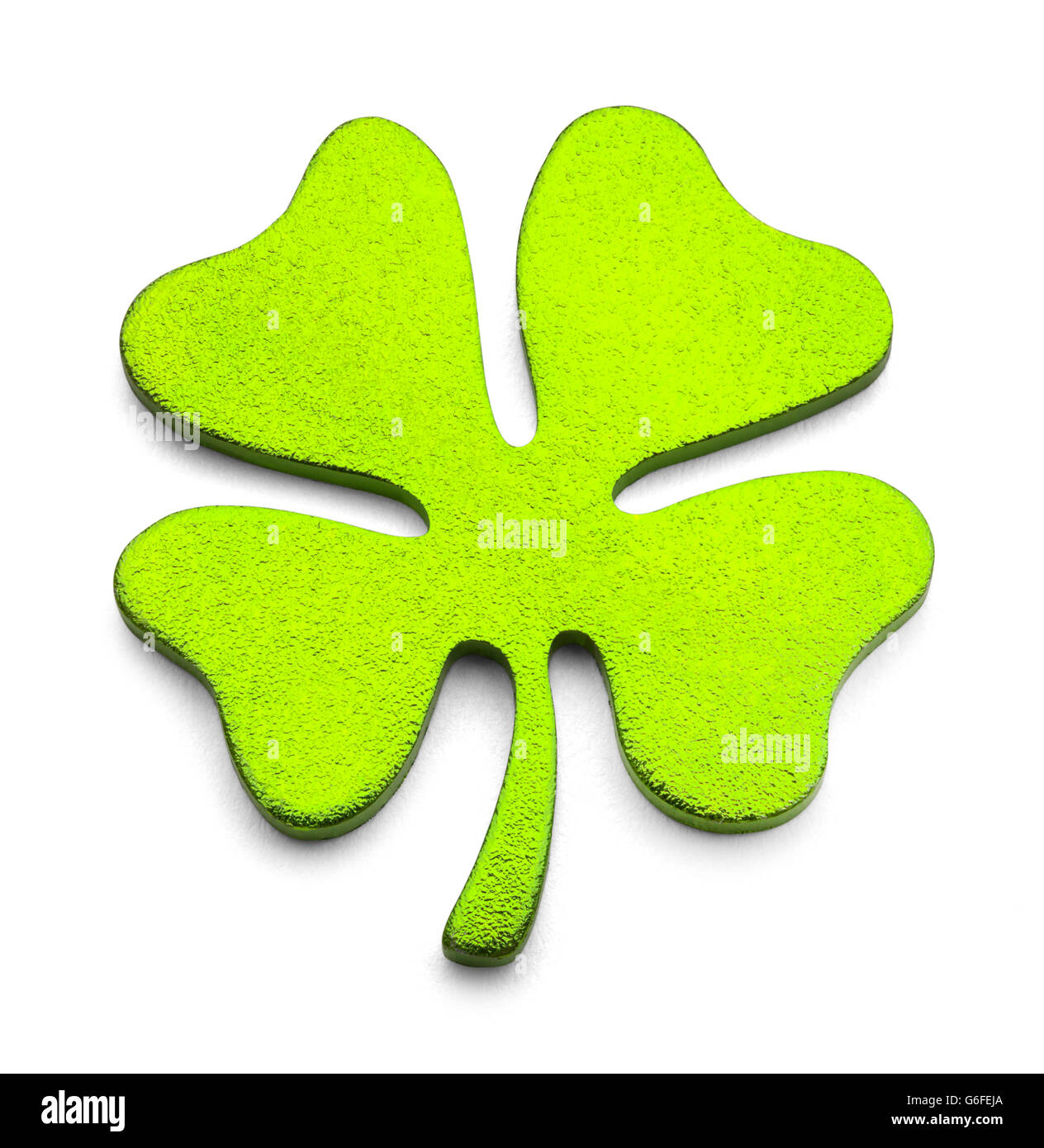 Metallo verde quattro Leaf Clover isolati su sfondo bianco. Foto Stock
