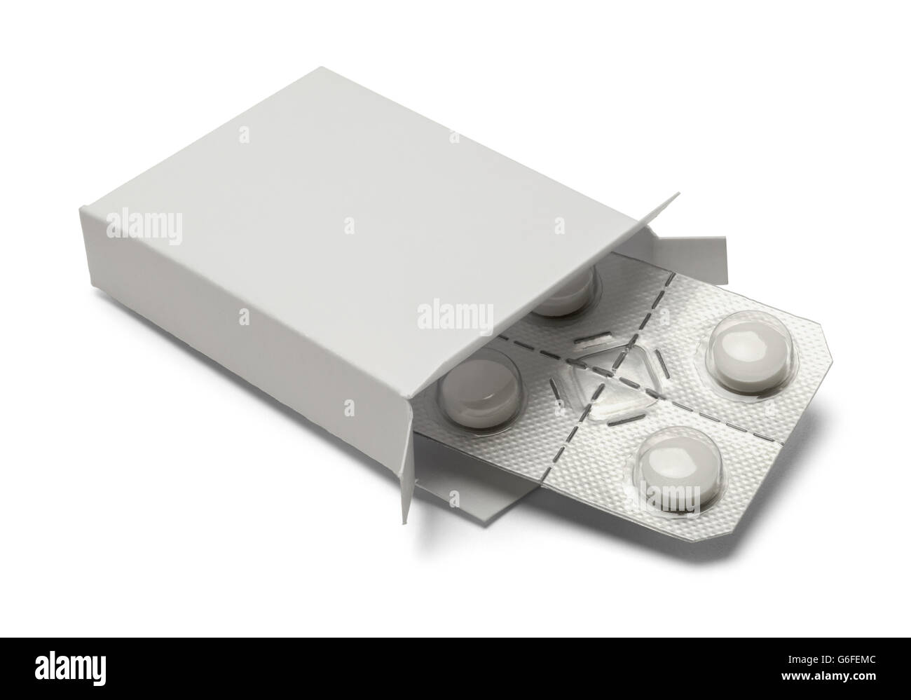 Piccola scatola aperta di pillole isolati su sfondo bianco. Foto Stock
