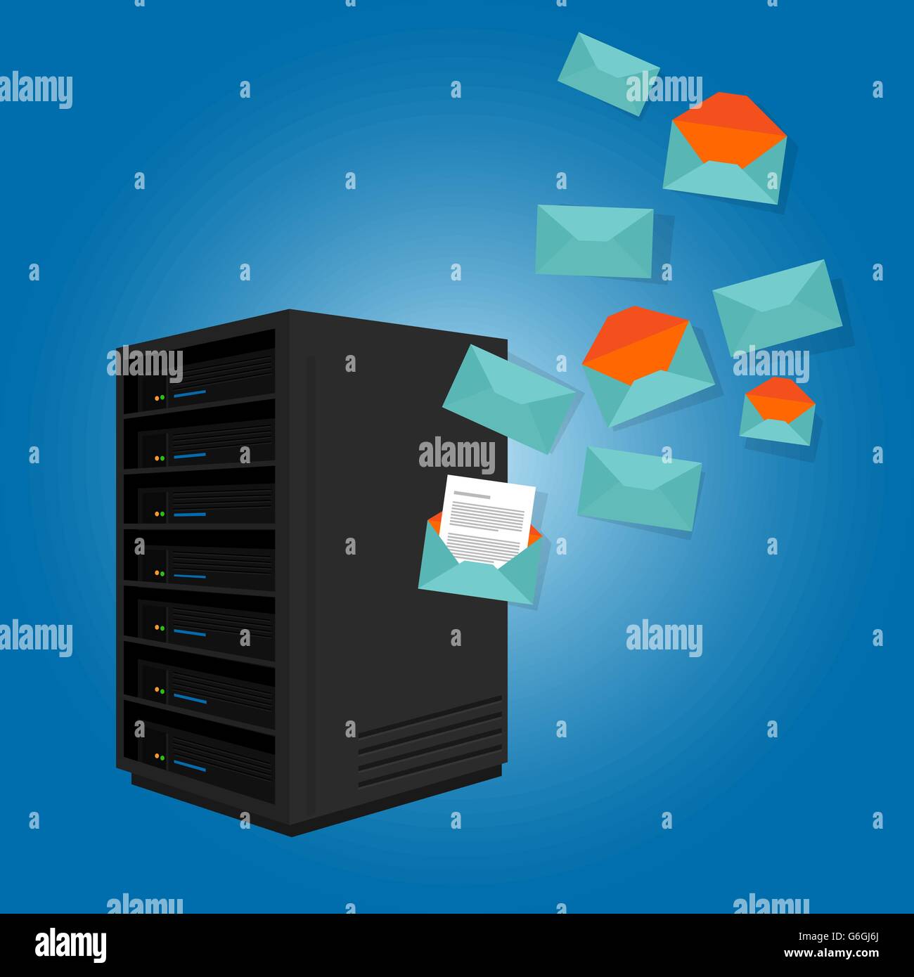 Server di posta spam inviare molti messaggi di posta elettronica Illustrazione Vettoriale