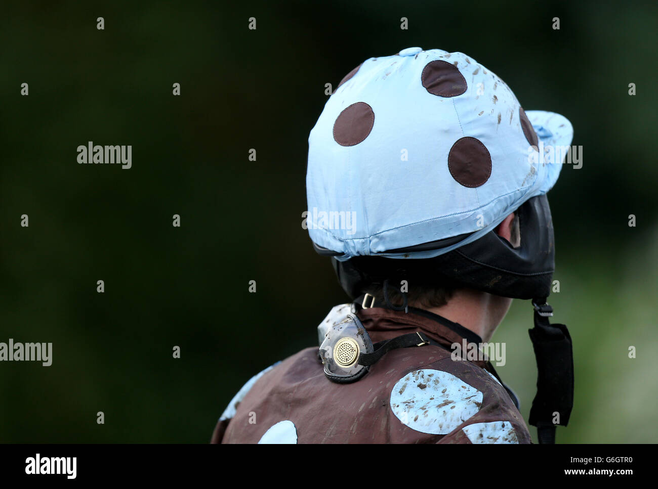 Particolare di jockey Paddy Brennan con sete marroni blu puntini e un cappello con lo schema di colore inverso Foto Stock
