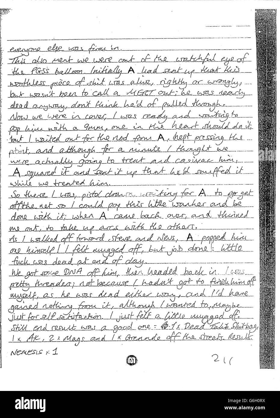 Una scansione di un estratto preso dalla rivista di Marine C, che sono stati letti ad un cortigiario a Bulford, Wiltshire oggi, dove tre marines sono accusati di assassinare un infortunato insurrezione afghana il 15 settembre 2011 nella provincia di Helmand. Foto Stock