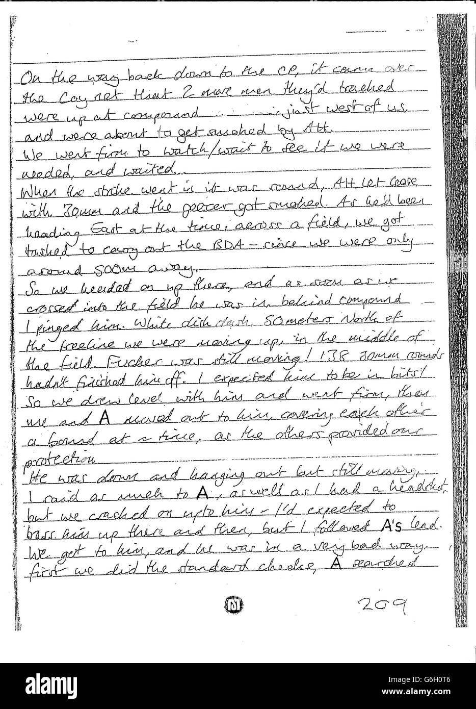 Una scansione di un estratto preso dalla rivista di Marine C, che sono stati letti ad un cortigiario a Bulford, Wiltshire oggi, dove tre marines sono accusati di assassinare un infortunato insurrezione afghana il 15 settembre 2011 nella provincia di Helmand. Foto Stock