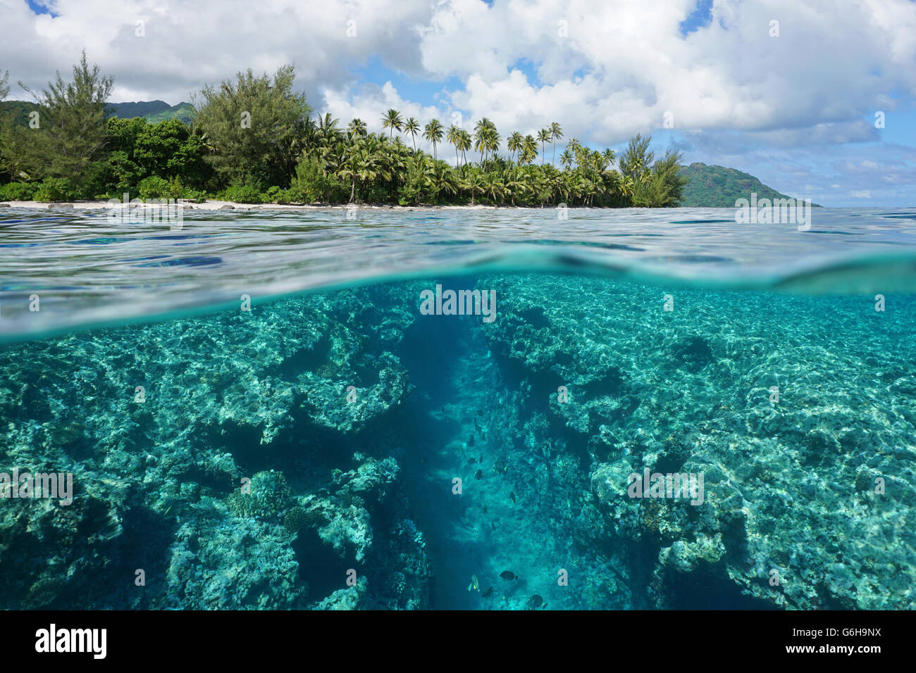 Il paesaggio al di sopra e al di sotto della superficie dell'acqua, isola tropicale shore con trincea naturale nella barriera corallina, oceano pacifico, Polinesia Francese Foto Stock