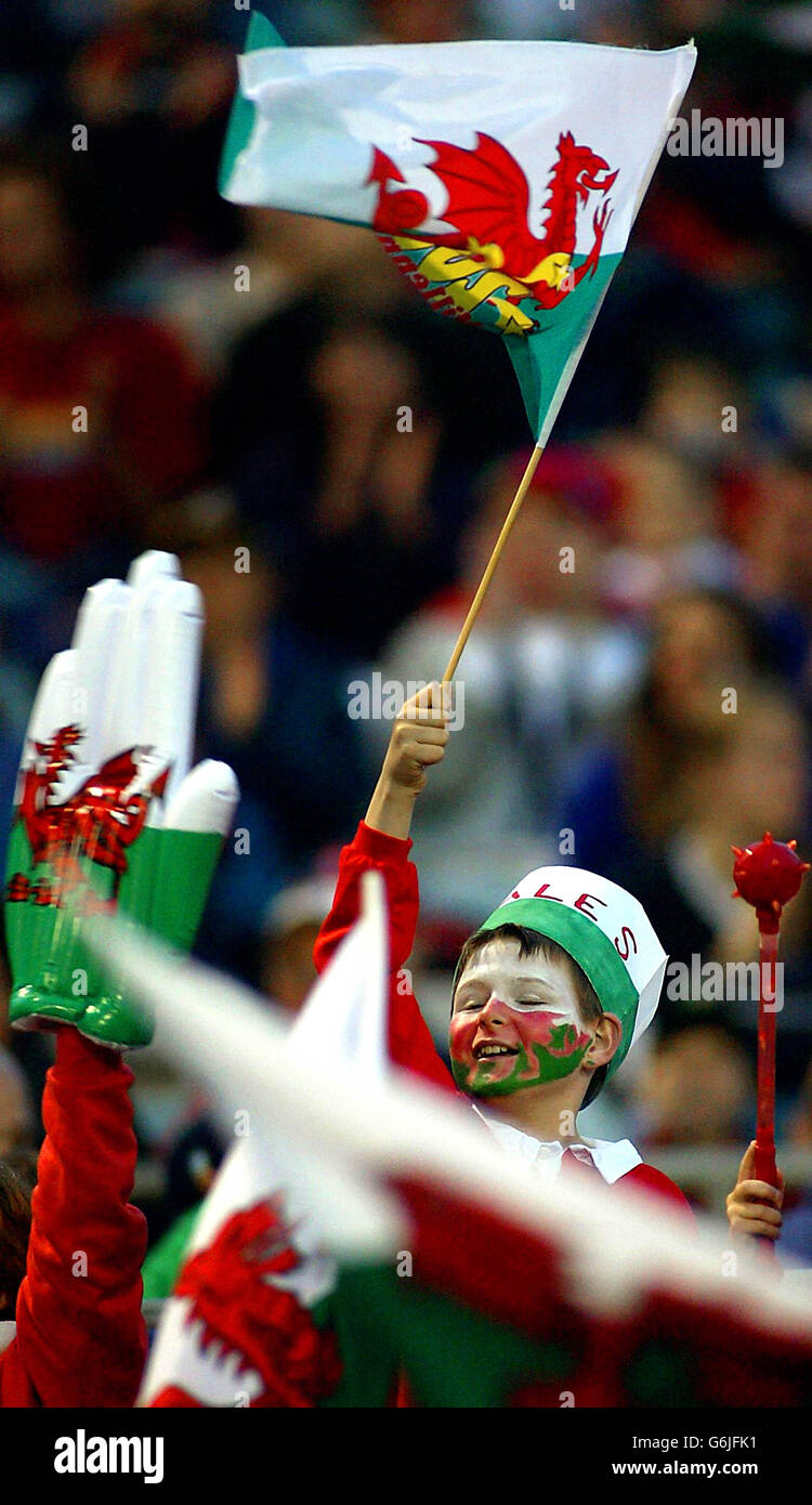 Un giovane fan gallese ha ondato la sua bandiera durante la partita di Rugby World Cup Pool D al Canberra Stadium di Canberra. Punteggio finale: Galles vince 27-15. Foto Stock