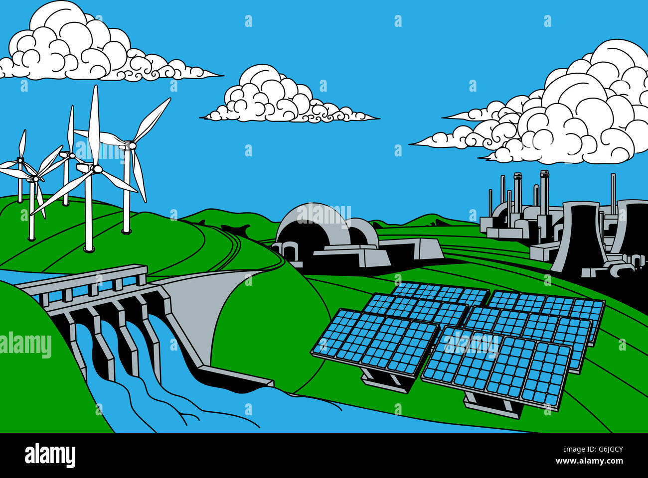Potenza o di generazione di energia di fonti. Include le fonti rinnovabili come la diga idroelettrica, solare e vento anche nucleare e del carbone p Foto Stock