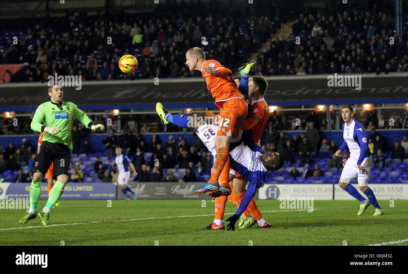 Calcio - Campionato Sky Bet - Birmingham City / Blackpool - St Andrew's. Aaron McLean di Birmingham e il Neal Bishop di Blackpool (TOP) lottano per la palla Foto Stock