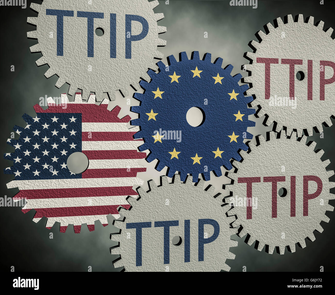Ruote dentate con TTIP, Unione europea e Stati Uniti d'America, alla computer grafica Foto Stock