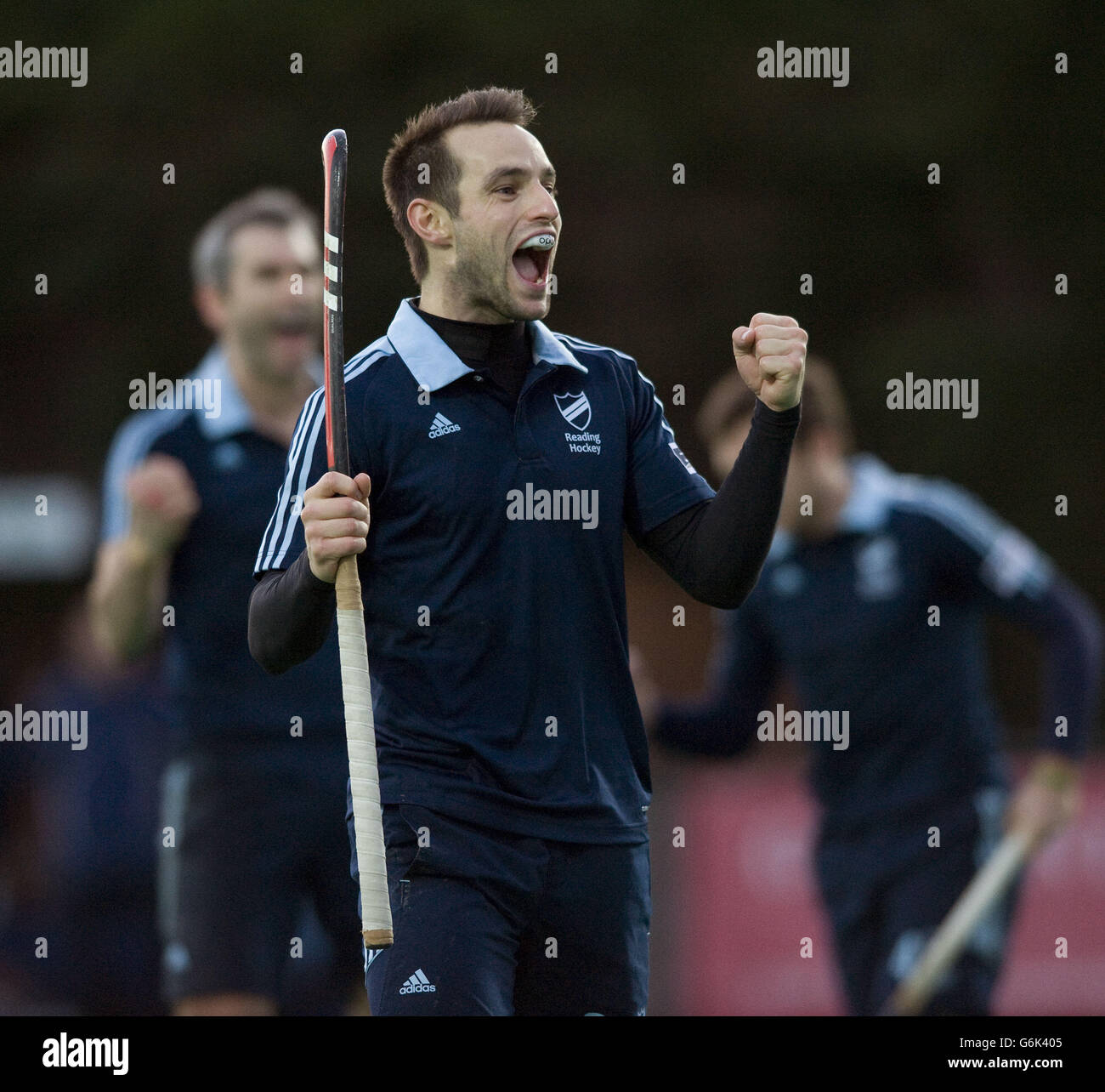 Hockey - NOW:Pensioni Hockey League Premier Division - Canterbury v Reading - Canterbury HC. Reading's Nick Catlin festeggia l'equalizzatore durante il LORO ATTUALE gioco: Pensioni Hockey League Premier Division a Canterbury HC, Canterbury. Foto Stock