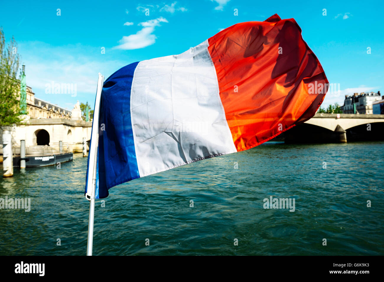 Francia, Parigi, soffiando bandiera francese con Ile de la Cite in background Foto Stock