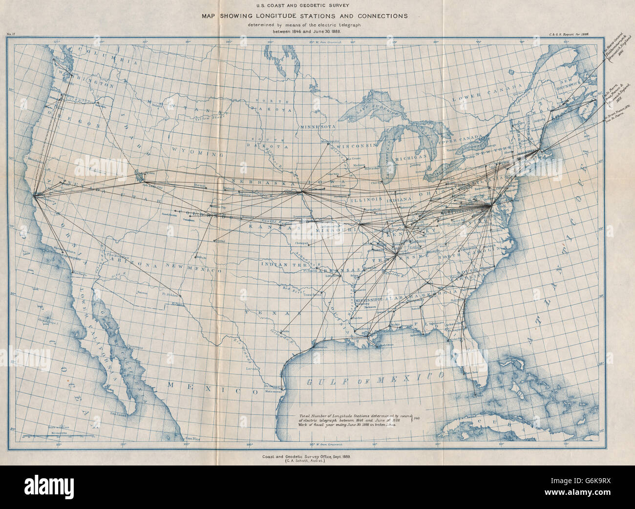 USA: longitudine stazioni di sondaggio e connessioni. USCGS, 1889 Mappa antichi Foto Stock