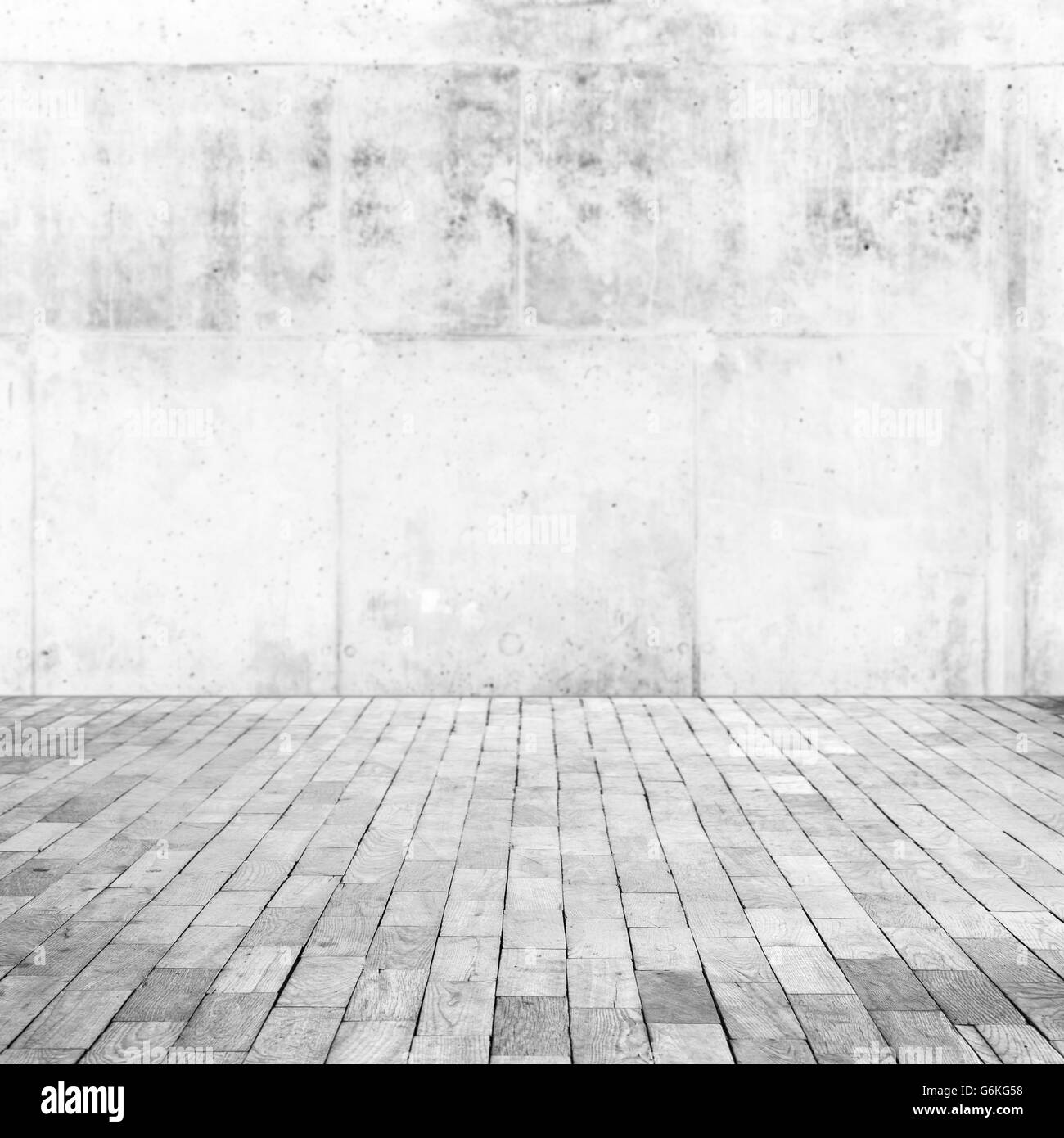 Abstract sfocato vuoto interno con pavimento in legno e calcestruzzo bianco parete, square foto di sfondo, il fuoco selettivo Foto Stock