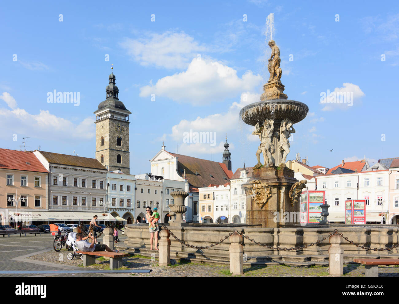 Marketplace con Sansone Fontana e Torre Nera, Ceske Budejovice (Budweis), Repubblica Ceca, Jihocesky, Südböhmen, Sud Bohemi Foto Stock