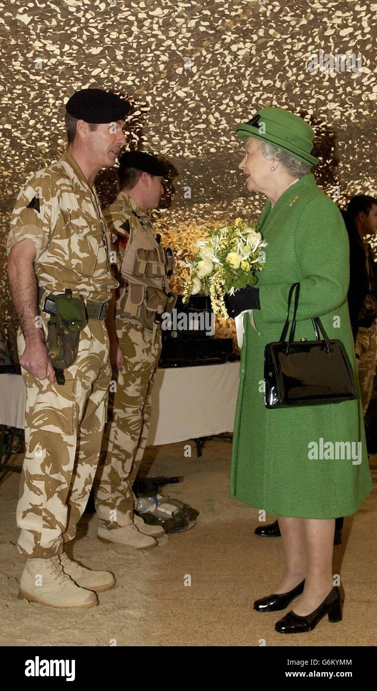 La regina Elisabetta II incontra le truppe nel centro del corpo dell'Adjutant General a Worsley Barracks, vicino a Winchester, venerdì 21 novembre 2003. Durante la visita la Regina ha incontrato i membri della polizia militare reale della Compagnia Provost del 156, con sede a Colchester, Essex, che hanno perso sei compagni in estate quando sono stati attaccati in una stazione di polizia fuori Basra. Foto Stock