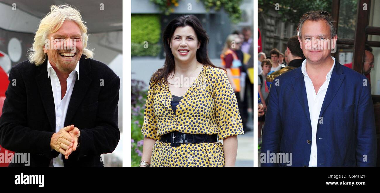 File foto di (da sinistra) Richard Branson, Kirstie Allsopp e Hugh Bonneville. Foto Stock