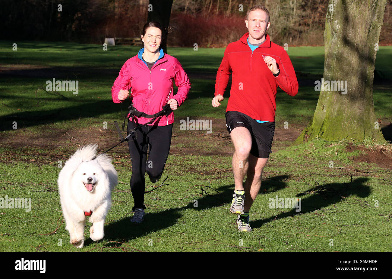 Neil e Ruth Robinson (a sinistra), con il loro cane Zola, si allenano per la Waggy Race nella tenuta di Castle Ward a Co Down. Foto Stock