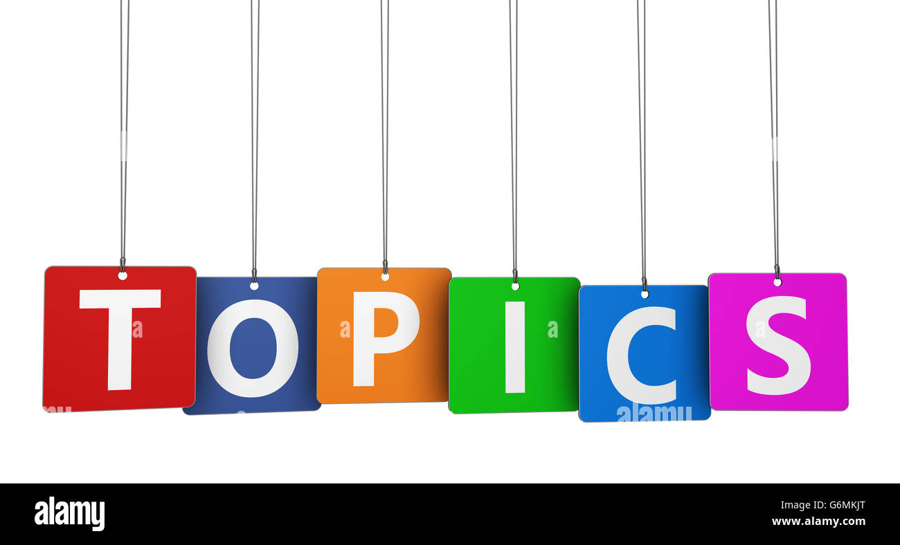 Argomenti parola e segno su carta colorata tag 3D illustrazione isolati su sfondo bianco. Foto Stock
