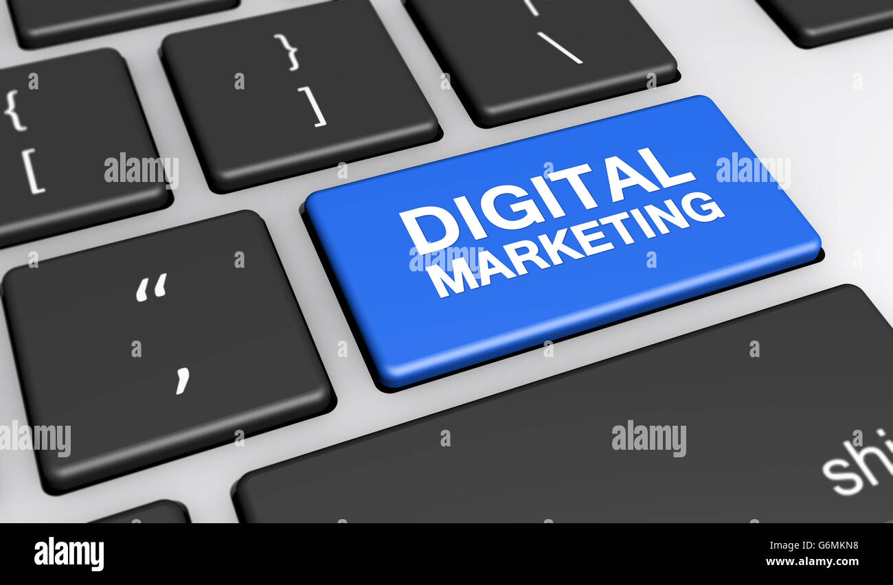 Online web e internet marketing concetto con il marketing digitale segno e testo su una tastiera di computer 3d'illustrazione. Foto Stock