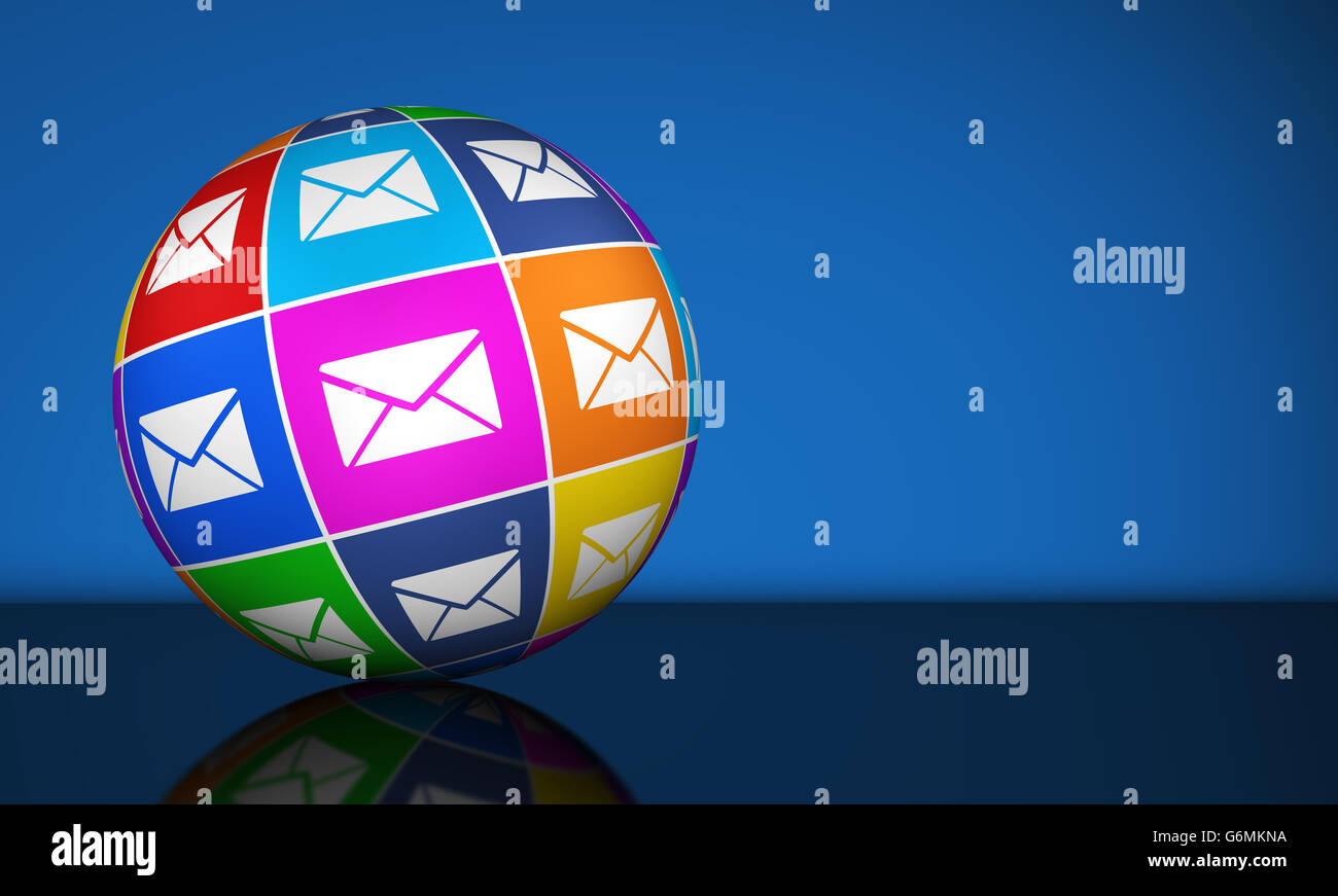 Web marketing e-mail e sito newsletter online il concetto di business con un globo e icona e-mail illustrazione su sfondo blu. Foto Stock