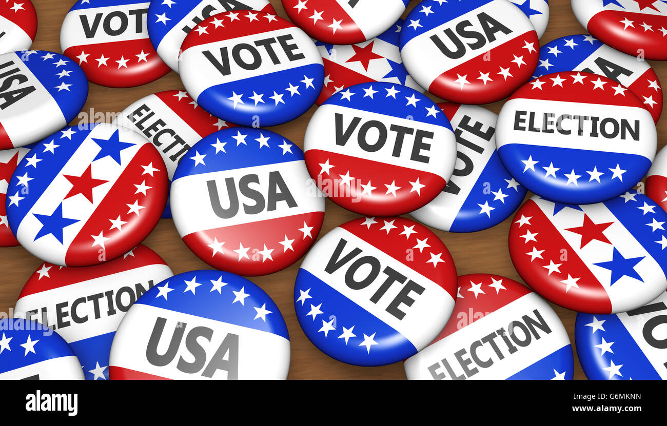 Noi elezioni presidenziali negli USA votare concetto con il segno sul badge di campagna banner sfondo 3D'illustrazione. Foto Stock