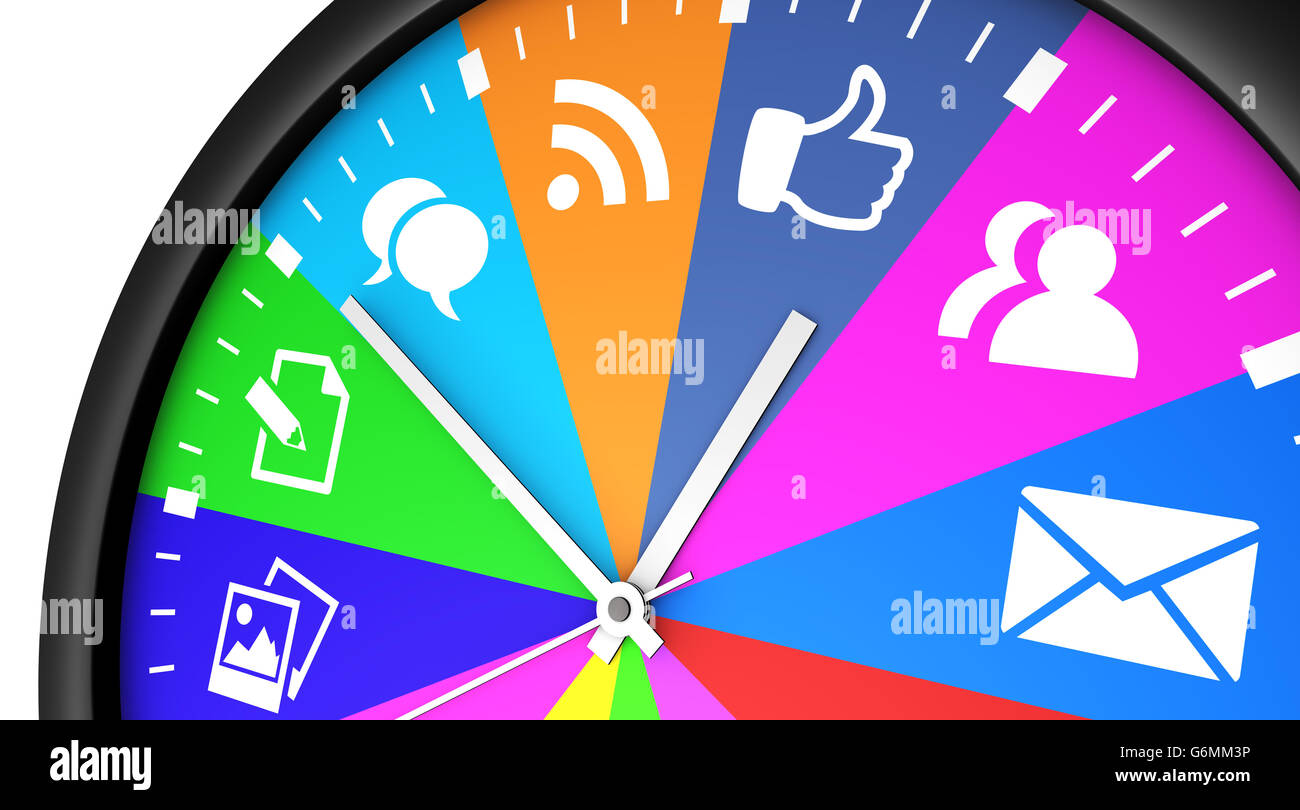 Social media la gestione del tempo e la strategia web concetto con un orologio e social network icona stampata in diversi colori. Foto Stock