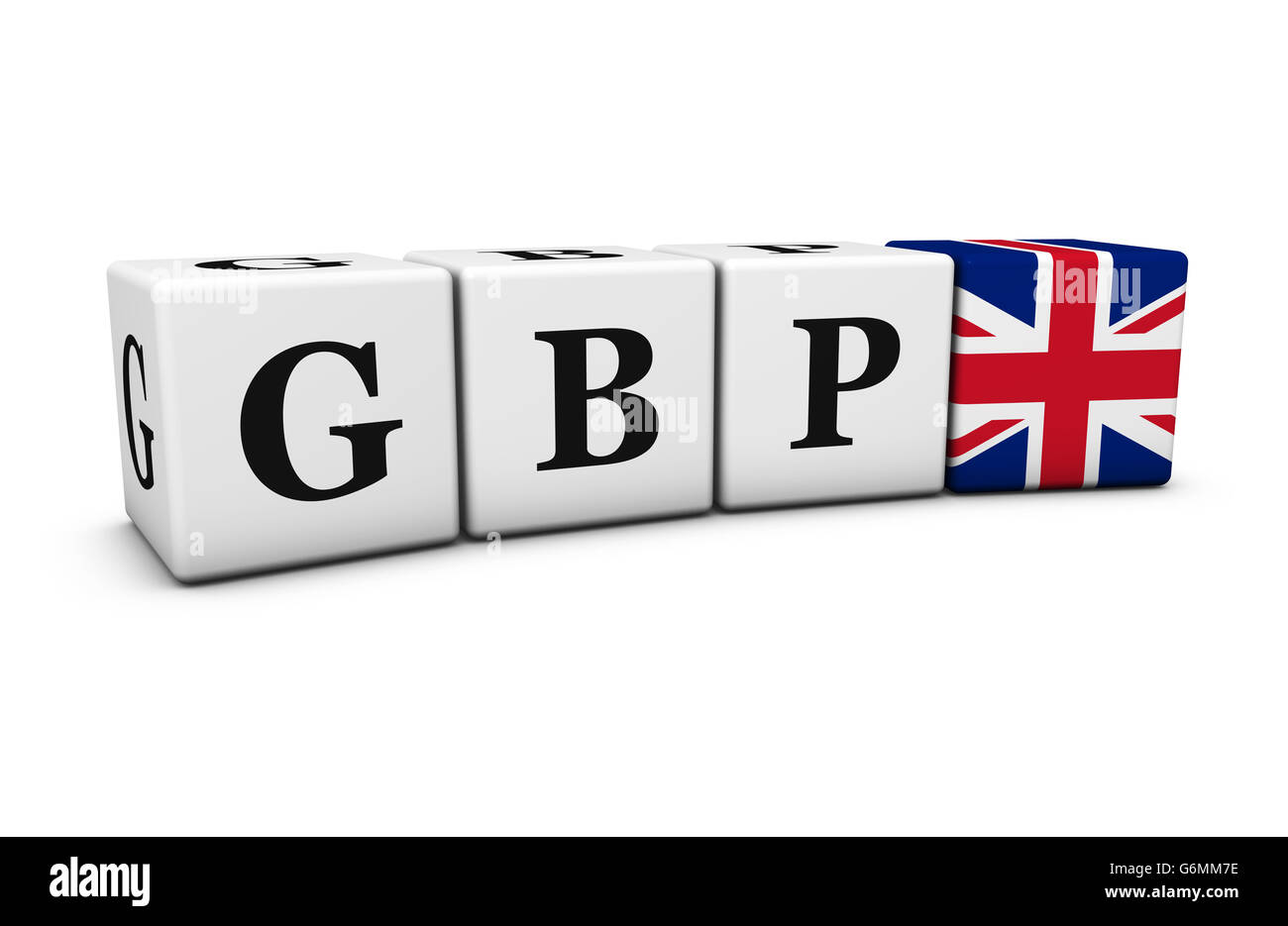 British pound cambio valuta del mercato finanziario e di concetto con codice di GBP segno e bandiera del Regno Unito su cubetti isolati su bianco. Foto Stock