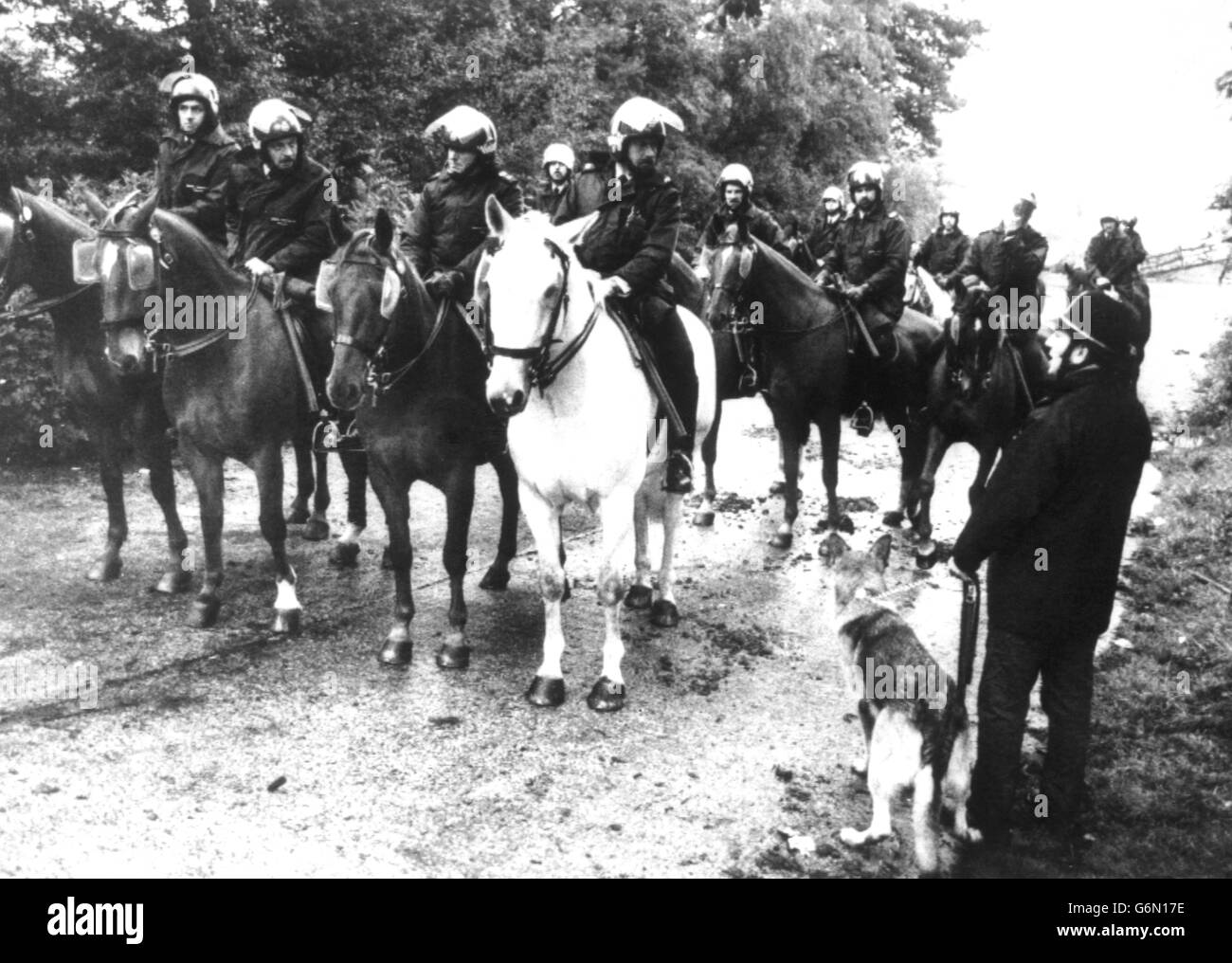 Ha montato la polizia e un gestore di cani di polizia fuori Maltby Colliery vicino Rotherham , dove la polizia si è scontrata con più di 6,000 picketers NUM che stavano cercando di fermare i contraenti entrare nella buca. Foto Stock