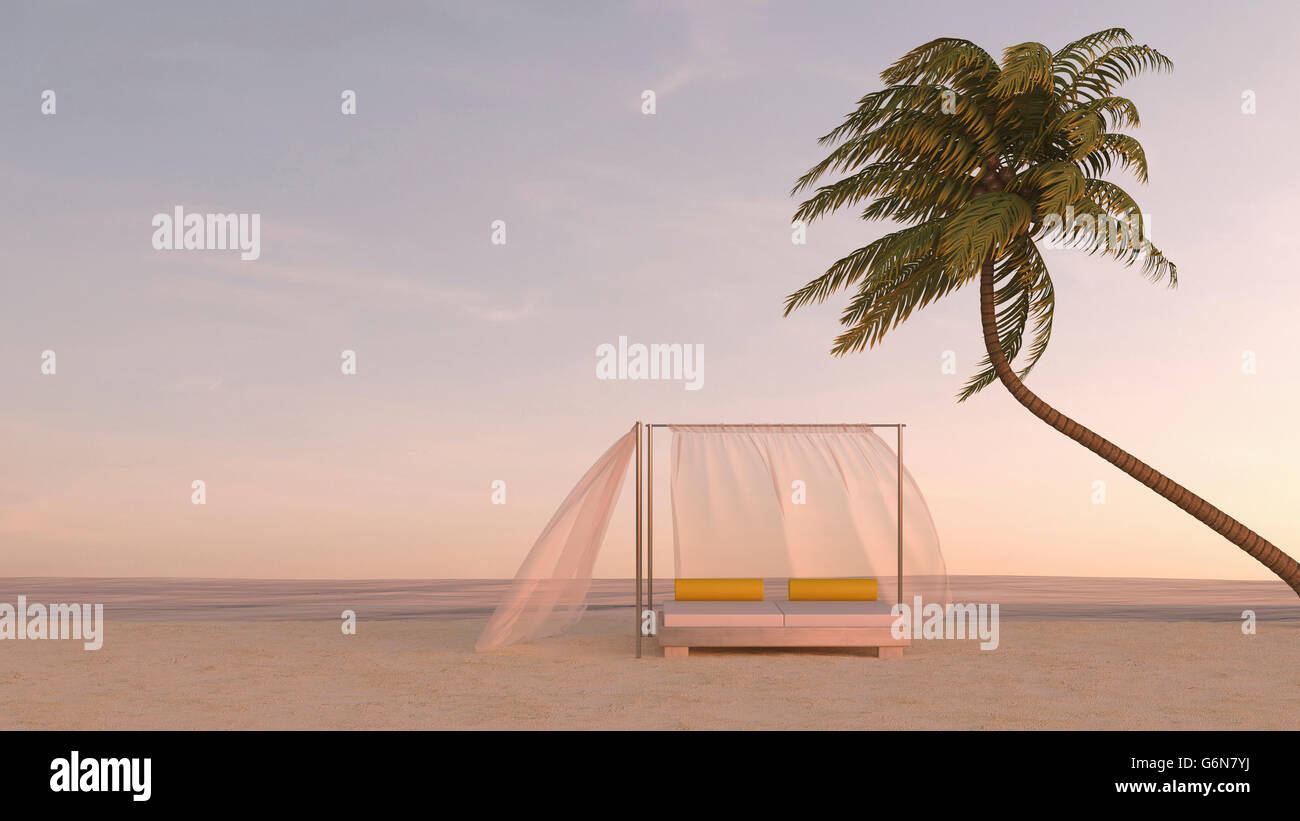 Palm Tree e letto a baldacchino sulla spiaggia al tramonto, rendering 3D Foto Stock